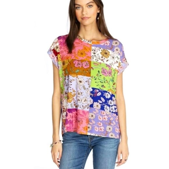 Johnny Was Cosmo Tee Floral Patchwork Blouse Relaxed Short Sleeve GUC Size XL - Picture 2 of 8